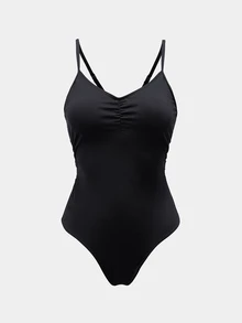 CourtClass Solid Color Backless Spaghetti Strap Sports Jumpsuit - Black - View 2