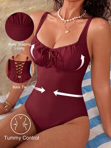 Shapewave 女款純色抓皺連身泳衣，適合海邊度假、泳池派對、海灘派對 - 酒紅色 - 查看 1