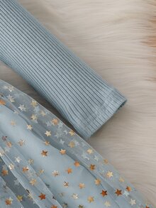 SHEIN Gaun Putri Rajut Tulle Lengan Panjang Motif Bintang Jala untuk Anak Perempuan, Cocok untuk Musim Gugur - Biru - View 5
