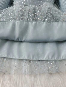 SHEIN Gaun Putri Rajut Tulle Lengan Panjang Motif Bintang Jala untuk Anak Perempuan, Cocok untuk Musim Gugur - Biru - View 8