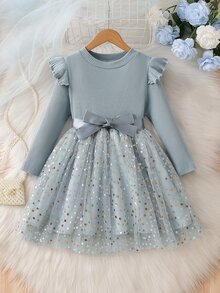 SHEIN Gaun Putri Rajut Tulle Lengan Panjang Motif Bintang Jala untuk Anak Perempuan, Cocok untuk Musim Gugur - Biru - View 4