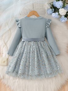 SHEIN Gaun Putri Rajut Tulle Lengan Panjang Motif Bintang Jala untuk Anak Perempuan, Cocok untuk Musim Gugur - Biru - View 3