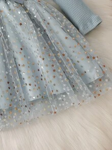 SHEIN Gaun Putri Rajut Tulle Lengan Panjang Motif Bintang Jala untuk Anak Perempuan, Cocok untuk Musim Gugur - Biru - View 6