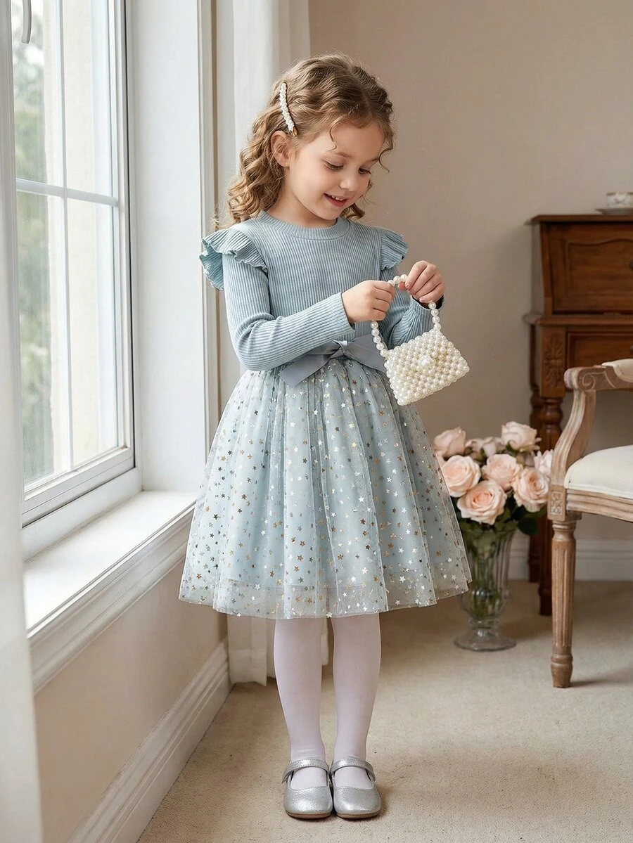 SHEIN Gaun Putri Rajut Tulle Lengan Panjang Motif Bintang Jala untuk Anak Perempuan, Cocok untuk Musim Gugur
