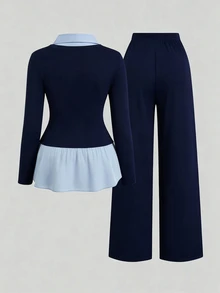 SHEIN Clasi Plus Size Women Solid Color Contrast Patchwork Lapel Long Sleeve Slim Fit Elegant Casual 2 In 1 Shirt T-Shirt + Loose Casual Versatile Long Pants 2 Pieces Set - Navy Blue - View 2
