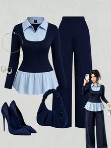 SHEIN Clasi Plus Size Women Solid Color Contrast Patchwork Lapel Long Sleeve Slim Fit Elegant Casual 2 In 1 Shirt T-Shirt + Loose Casual Versatile Long Pants 2 Pieces Set - Navy Blue - View 5