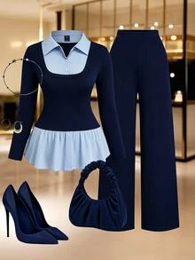 SHEIN Clasi Plus Size Women Solid Color Contrast Patchwork Lapel Long Sleeve Slim Fit Elegant Casual 2 In 1 Shirt T-Shirt + Loose Casual Versatile Long Pants 2 Pieces Set - Navy Blue - View 1