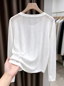 GlowEve CURVE Solid Color Ice Silk Hollow Knit Sun Protection Cover Up Plus Size Women Long Sleeve Formal Office White Autumn Casual Traditional - White - View 2