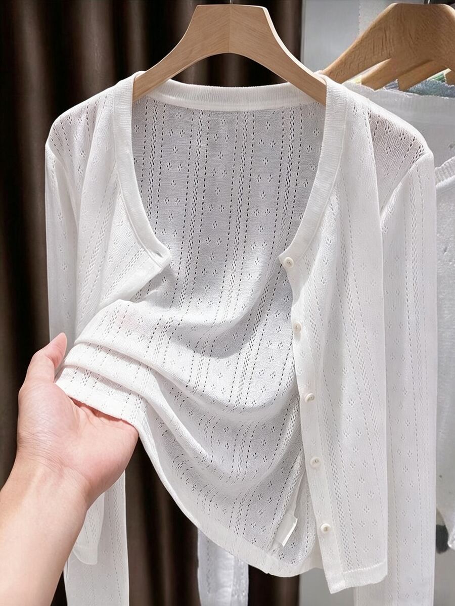 GlowEve CURVE Solid Color Ice Silk Hollow Knit Sun Protection Cover Up Plus Size Women Long Sleeve Formal Office White Autumn Casual Traditional - White - View 1