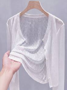 GlowEve CURVE Solid Color Ice Silk Hollow Knit Sun Protection Cover Up Plus Size Women Long Sleeve Formal Office White Autumn Casual Traditional - White - View 3