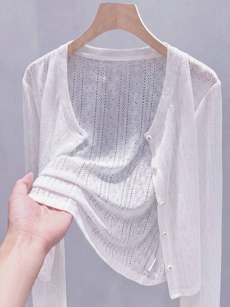 GlowEve CURVE Cover Up Wanita Ukuran Besar Warna Polos Bahan Ice Silk Rajut Berlubang Pelindung Matahari Lengan Panjang Gaya Formal Kantor Kasual Tradisional Musim Gugur Putih - Putih - View 3
