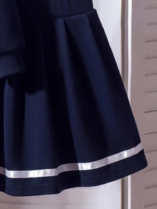 SHEIN 女童 2 件套：黑色與灰色高級翻領長袖蝴蝶結插肩衛衣與裙子，秋季套裝 - 寶藍色 - 查看 7