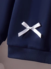 SHEIN 女童 2 件套：黑色與灰色高級翻領長袖蝴蝶結插肩衛衣與裙子，秋季套裝 - 寶藍色 - 查看 8
