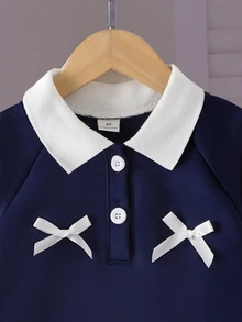 SHEIN 女童 2 件套：黑色與灰色高級翻領長袖蝴蝶結插肩衛衣與裙子，秋季套裝 - 寶藍色 - 查看 9