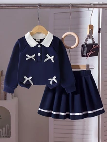 SHEIN 女童 2 件套：黑色與灰色高級翻領長袖蝴蝶結插肩衛衣與裙子，秋季套裝 - 寶藍色 - 查看 2