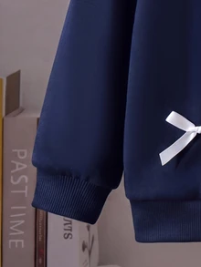 SHEIN 女童 2 件套：黑色與灰色高級翻領長袖蝴蝶結插肩衛衣與裙子，秋季套裝 - 寶藍色 - 查看 6