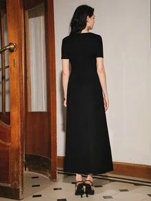 Anewsta Early Autumn New Classic Solid Color Round Neck French Split Pleated Design Waist-Cinched Slimming A-Line Women's Dress Dinner Office Black - Black - View 2