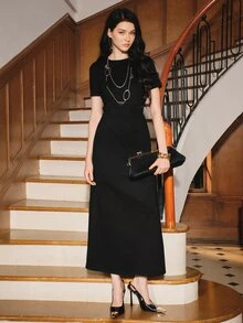 Anewsta Early Autumn New Classic Solid Color Round Neck French Split Pleated Design Waist-Cinched Slimming A-Line Women's Dress Dinner Office Black - Black - View 7