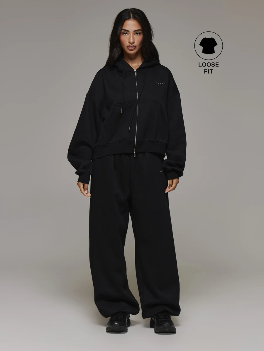 Musera Sport Zip Through Logo Front Hooded Sweatshirt Coord Top Only Sport Essentials Basics Autumn Fall Winter - Black - View 1