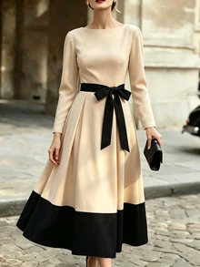 SHEIN Women's Elegant Long-Sleeve Dress With Crew Neck And Tie Detail – 2026 Autumn New Arrival – Color-Block Black – Suitable For Work And Casual Wear - Multicolor - View 4