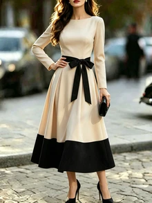 SHEIN Women's Elegant Long-Sleeve Dress With Crew Neck And Tie Detail – 2026 Autumn New Arrival – Color-Block Black – Suitable For Work And Casual Wear - Multicolor - View 7