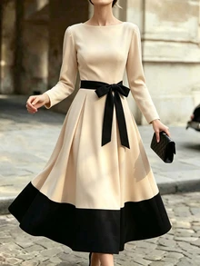 SHEIN Women's Elegant Long-Sleeve Dress With Crew Neck And Tie Detail – 2026 Autumn New Arrival – Color-Block Black – Suitable For Work And Casual Wear - Multicolor - View 5
