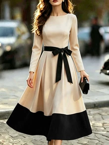 SHEIN Women's Elegant Long-Sleeve Dress With Crew Neck And Tie Detail – 2026 Autumn New Arrival – Color-Block Black – Suitable For Work And Casual Wear - Multicolor - View 2