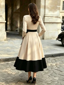 SHEIN Women's Elegant Long-Sleeve Dress With Crew Neck And Tie Detail – 2026 Autumn New Arrival – Color-Block Black – Suitable For Work And Casual Wear - Multicolor - View 3