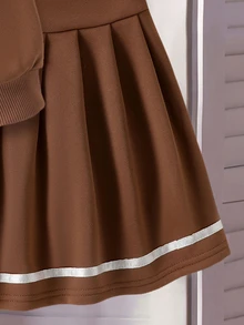 SHEIN 女童 2 件套：黑色與灰色翻領長袖蝴蝶結插肩衛衣與裙子，高級秋季套裝 - 棕色 - 查看 8