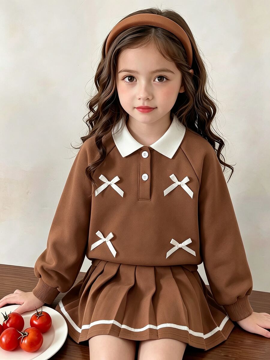 SHEIN 女童 2 件套：黑色與灰色翻領長袖蝴蝶結插肩衛衣與裙子，高級秋季套裝