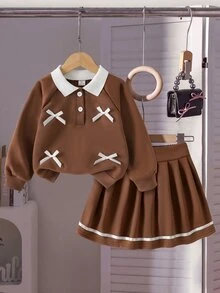 SHEIN 女童 2 件套：黑色與灰色翻領長袖蝴蝶結插肩衛衣與裙子，高級秋季套裝 - 棕色 - 查看 9
