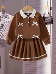 SHEIN 女童 2 件套：黑色與灰色翻領長袖蝴蝶結插肩衛衣與裙子，高級秋季套裝 - 棕色 - 查看 5