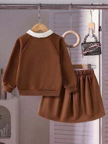 SHEIN 女童 2 件套：黑色與灰色翻領長袖蝴蝶結插肩衛衣與裙子，高級秋季套裝 - 棕色 - 查看 3