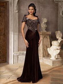 Aureia Elegant Luxurious Coffee Brown Beaded Embroidery Patchwork Velvet Mermaid Tail Train Formal Evening Gown For Women - Coffee Brown - View 5