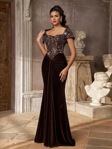 Aureia Elegant Luxurious Coffee Brown Beaded Embroidery Patchwork Velvet Mermaid Tail Train Formal Evening Gown For Women - Coffee Brown - View 6