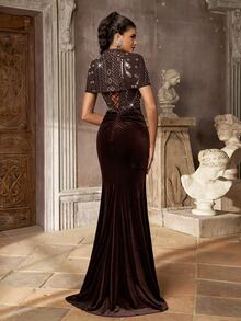 Aureia Elegant Luxurious Coffee Brown Beaded Embroidery Patchwork Velvet Mermaid Tail Train Formal Evening Gown For Women - Coffee Brown - View 4
