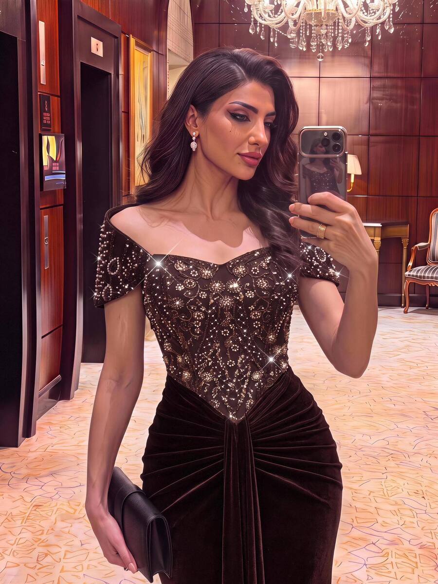 Aureia Elegant Luxurious Coffee Brown Beaded Embroidery Patchwork Velvet Mermaid Tail Train Formal Evening Gown For Women - Coffee Brown - View 1