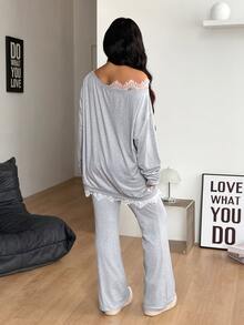 Coolane Women's Plus Size Fall Winter Daily Wear Elegant Formal Going Out Contrast Lace Drop Shoulder Long Sleeve Sweatshirt And Flare Pants Grey 2 Pieces Set - Light Grey - View 7