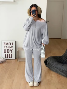 Coolane Women's Plus Size Fall Winter Daily Wear Elegant Formal Going Out Contrast Lace Drop Shoulder Long Sleeve Sweatshirt And Flare Pants Grey 2 Pieces Set - Light Grey - View 8