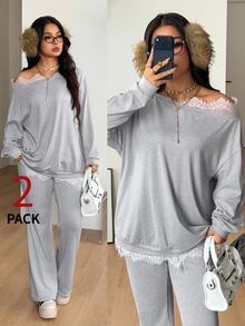 Coolane Women's Plus Size Fall Winter Daily Wear Elegant Formal Going Out Contrast Lace Drop Shoulder Long Sleeve Sweatshirt And Flare Pants Grey 2 Pieces Set - Light Grey - View 4