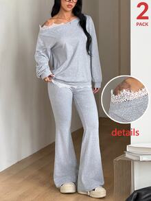 Coolane Women's Plus Size Fall Winter Daily Wear Elegant Formal Going Out Contrast Lace Drop Shoulder Long Sleeve Sweatshirt And Flare Pants Grey 2 Pieces Set - Light Grey - View 1