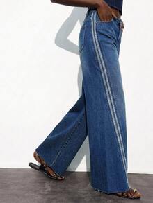 Maija Women's Casual Versatile Stripe Patch Jeans, Fall Winter Sports Jeans, Commuter, Office, Stripe, Classic, Vacation, Going Out, Party, Fashionable. - Blue - View 8