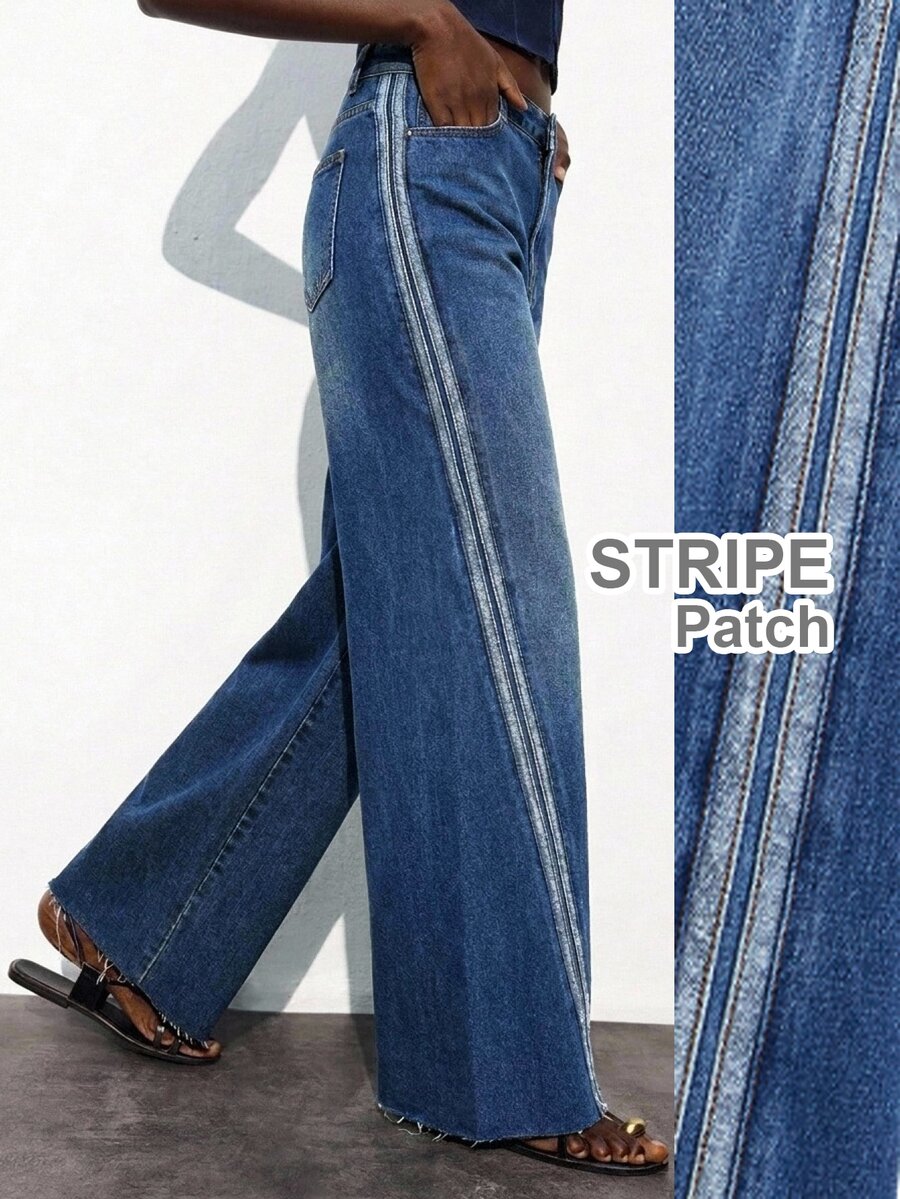 Maija Women's Casual Versatile Stripe Patch Jeans, Fall Winter Sports Jeans, Commuter, Office, Stripe, Classic, Vacation, Going Out, Party, Fashionable. - Blue - View 1