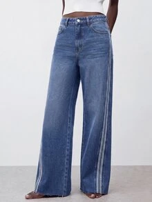Maija Women's Casual Versatile Stripe Patch Jeans, Fall Winter Sports Jeans, Commuter, Office, Stripe, Classic, Vacation, Going Out, Party, Fashionable. - Blue - View 6