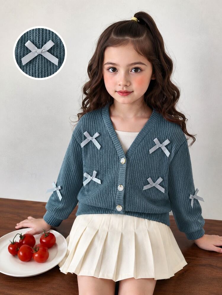 SHEIN Elladie kids Baby Girl V-Neck Bowknot Solid Color Long Sleeve Cardigan Sweater Outerwear, Spring/Autumn Nursery Gym Blue Cowgirl Western - Dark Grey - View 1
