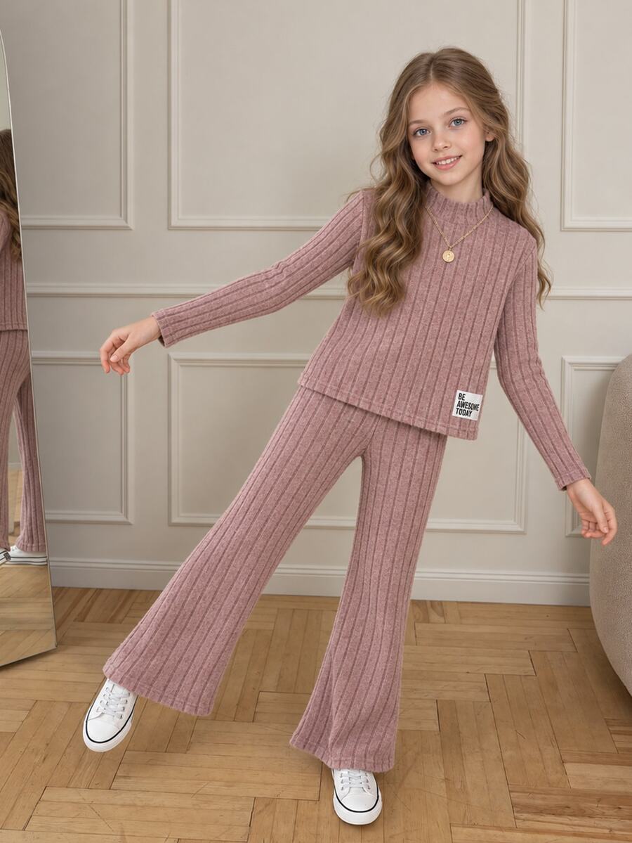 SHEIN Sparklyn Tween Girls Fall Outfits Fall Tops 2pcs/Set Casual Ribbed High Neck Long Sleeve Top And Flared Pants Outfit, Autumn/Winter, Comfortable