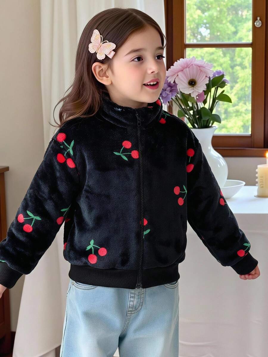 Elladie kids 女童可愛櫻桃印花毛茸茸抓絨夾克 黑色休閒拉鍊立領飛行夾克外套 秋冬甜美保暖柔軟舒適外穿服飾