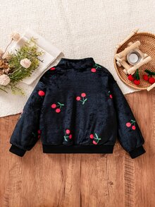 Elladie kids 女童可愛櫻桃印花毛茸茸抓絨夾克 黑色休閒拉鍊立領飛行夾克外套 秋冬甜美保暖柔軟舒適外穿服飾 - 黑色 - 查看 3