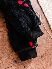 Elladie kids 女童可愛櫻桃印花毛茸茸抓絨夾克 黑色休閒拉鍊立領飛行夾克外套 秋冬甜美保暖柔軟舒適外穿服飾 - 黑色 - 查看 6