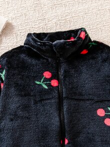 Elladie kids 女童可愛櫻桃印花毛茸茸抓絨夾克 黑色休閒拉鍊立領飛行夾克外套 秋冬甜美保暖柔軟舒適外穿服飾 - 黑色 - 查看 8
